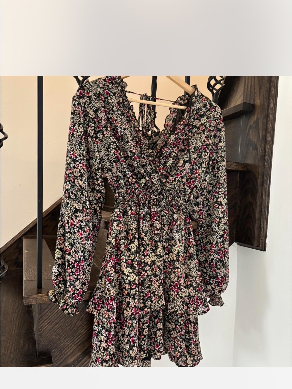 Dynamite Floral Smocked Waist Long-Sleeve Mini Dress - Black with Floral